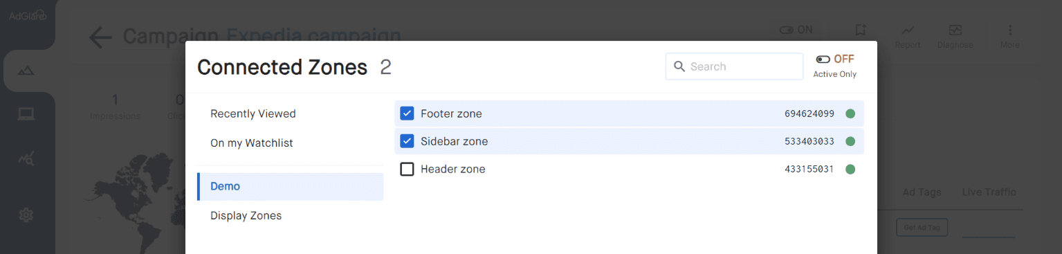 Campaigns Connected Zones AdGlare AdServer