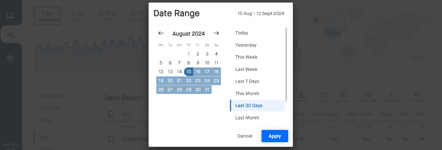 Reports Date Range AdGlare AdServer