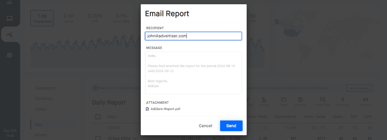 Reports Email AdGlare AdServer