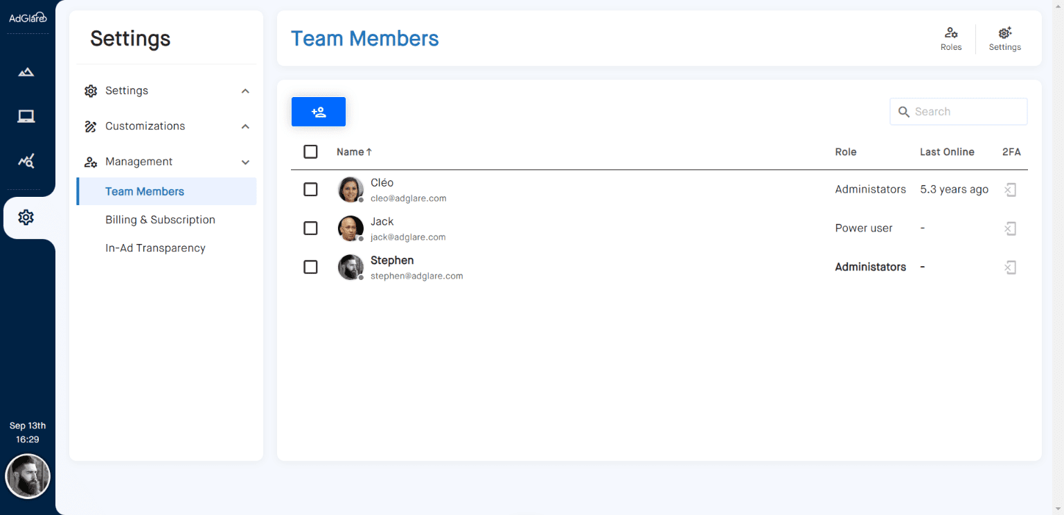 Teammembers Overview AdGlare AdServer